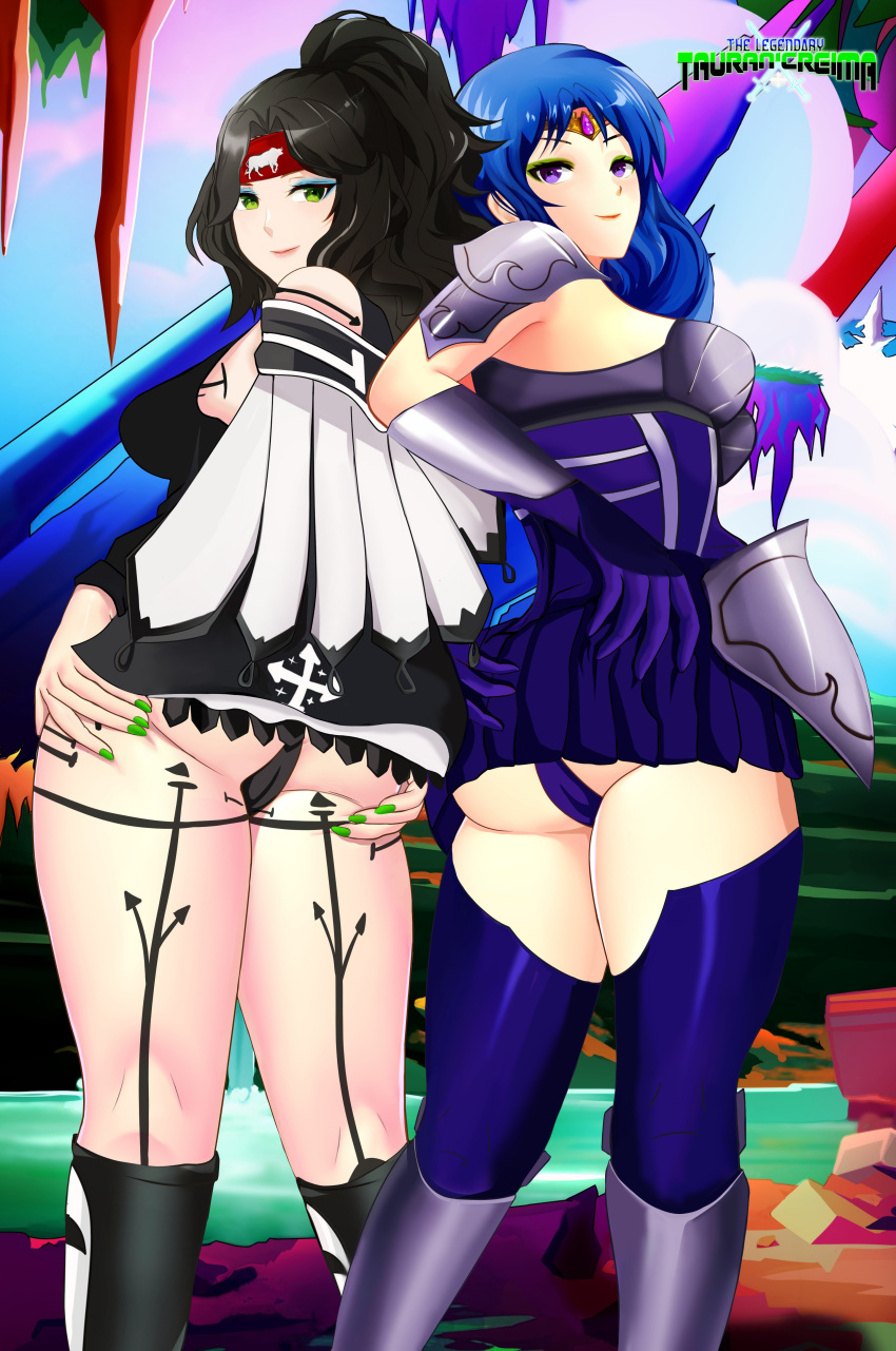 2girls asai_rionai ass ass_grab astrial'leena_mayethikaya black_hair blue_hair breasts green_eyes light-skinned_female logo looking_at_viewer looking_back nail_polish original original_characters outside purple_eyes pussy sacredcourage skirt smiling tattoo the_legendary_tauran'creima the_legendary_tauran'creima:_star_beings_of_the_universe upskirt voluptuous voluptuous_female