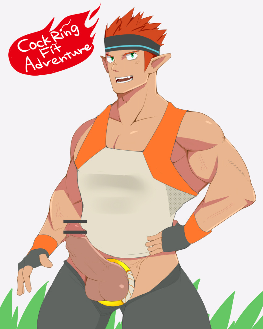 1boy balls bara big_pecs boner censor_bar censored clavicle erection fangs fingerless_gloves gay gloves green_eyes headband leggings male male_only muscles muscular muscular_male nintendo pants_down pants_pull penis pointy_ears ring ring_fit_adventure ring_fit_trainee_(male) shirt sleeveless sleeveless_shirt solo solo_male spiky_hair standing testicles uoz_gay_illust vein veiny_penis