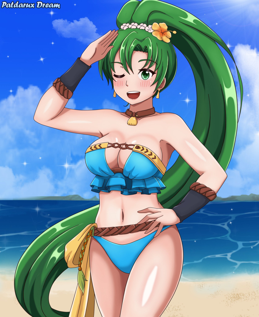 1girls alternate_costume beach bikini blue_bikini blue_swimsuit breasts choker clouds earrings fire_emblem fire_emblem:_the_blazing_blade fire_emblem_heroes flower green_eyes green_hair hand_on_hip horizon large_breasts looking_at_viewer lyn_(fire_emblem) lyn_(summer)_(fire_emblem) midriff navel nintendo ocean official_alternate_costume outdoors patdarux ponytail salute sky swimsuit vambraces water winking_at_viewer