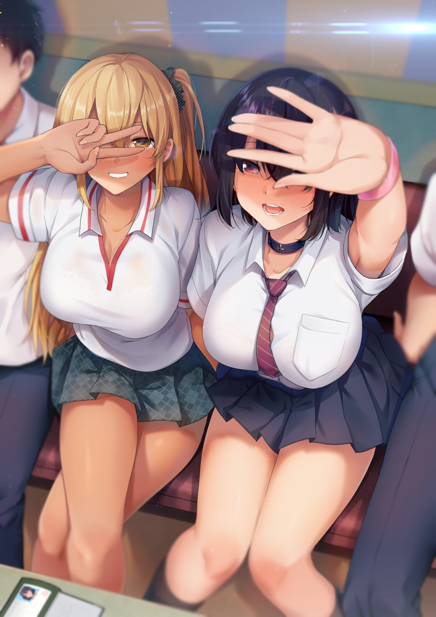 2girls big_breasts blonde_hair dark_hair female female_only large_breasts multiple_girls posing r_kitada school_uniform schoolgirl shirt shy skirt tagme thick_thighs thighhighs yellow_eyes