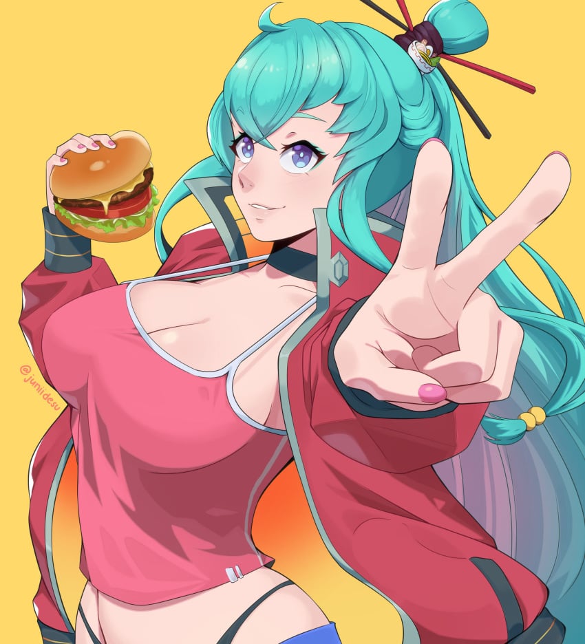 1girls big_breasts big_mac burger cleavage female female_only hamburger imminent_eating junii-owl light-skinned_female light_skin mcdonald's original_character peace_sign