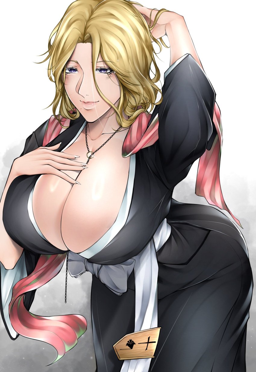 1girls alternate_hair_color alternate_hair_length alternate_hairstyle beauty_mark bleach bleach:_the_thousand-year_blood_war blonde_hair blue_eyes breasts breasts_bigger_than_head busty chain_necklace curvaceous curvy curvy_body curvy_female curvy_figure female female_focus female_only hand_on_own_chest highres hourglass_figure huge_breasts japanese_clothes jewelry kimono matsumoto_rangiku mole mole_under_mouth necklace no_bra playing_with_hair robe scarf seducing seductive seductive_eyes seductive_look seductive_mouth seductive_smile short_hair smile smiling smiling_at_viewer solo solo_focus top_heavy top_heavy_breasts voluptuous wafuku wide_hips zenatsu