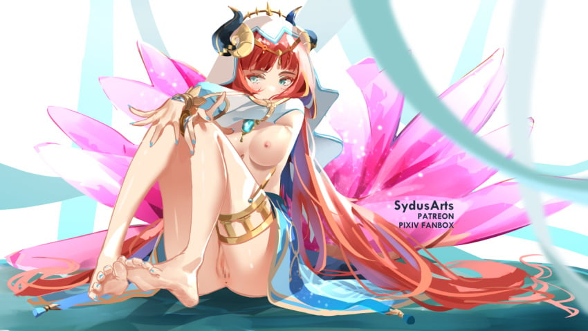 artist_name bangs barefoot breasts brooch censored circlet feet female full_body genshin_impact horns jewelry legs long_hair long_sleeves looking_at_viewer medium_breasts mosaic_censoring nail_polish nilou_(genshin_impact) nipples parted_bangs pussy red_hair sitting soles solo sydus thighlet thighs toes veil very_long_hair