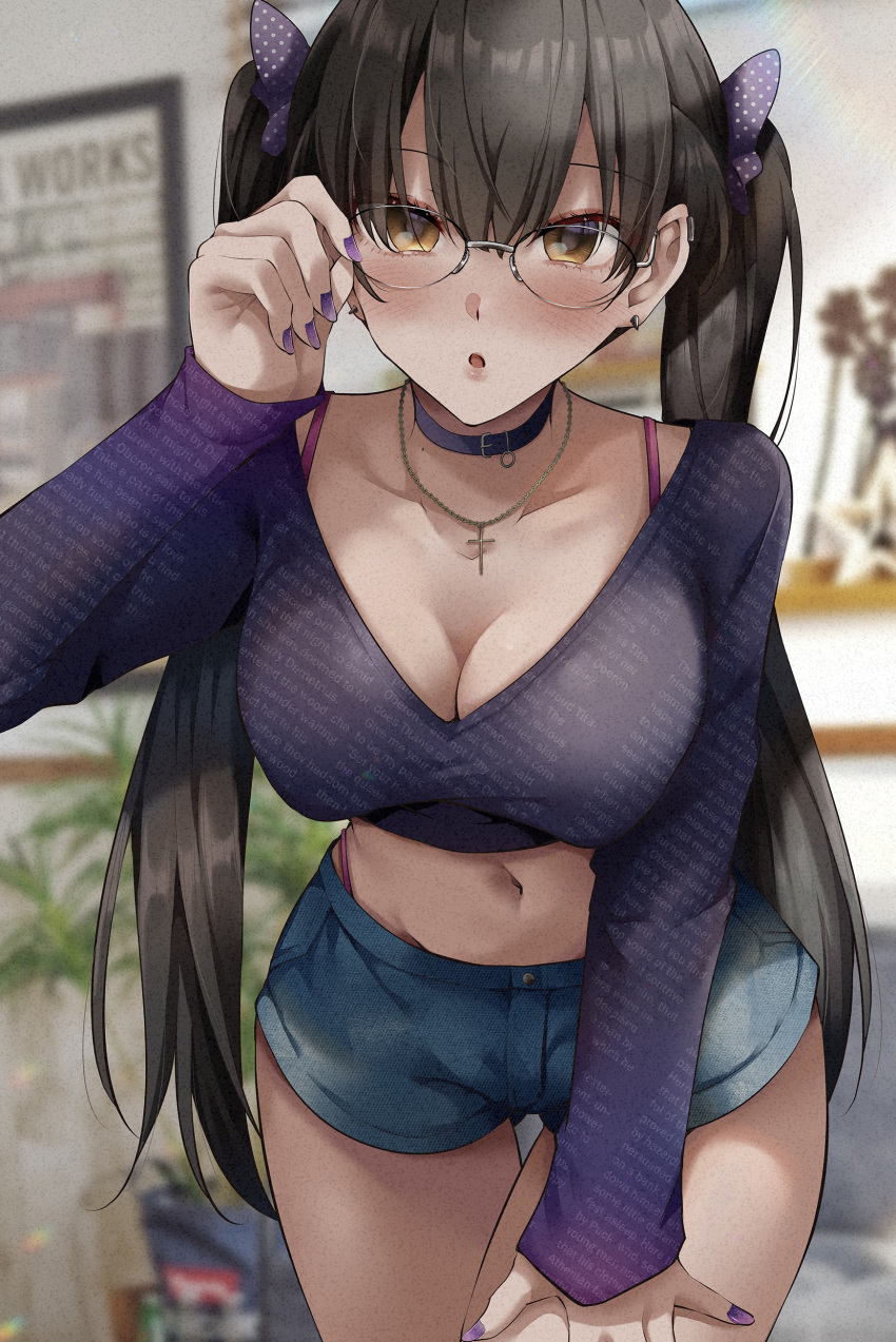 brown_hair choker cleavage glasses looking_at_viewer r_kitada shorts tagme twintails