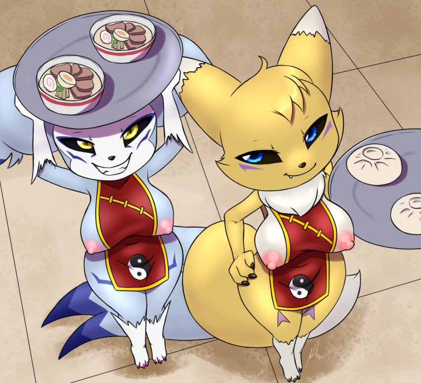 2girls arms_above_head asian_clothing bandai_namco breasts chinese_clothing clothed clothing cute_fangs dark_sclera digimon digimon_(species) dumpling duo east_asian_clothing facial_markings female female_only floor food furball_(artist) garurimpmon garurumon grin hand_on_hip head_markings holding_food holding_object hybrid impmon jeina_garurimpmon_(character) looking_up markings multiple_girls neck_tuft noodles platter ramen renamon renimpmon short_stack shortstack skimpy smile smirk tile tile_floor tuft yakizu_asaki yin_yang