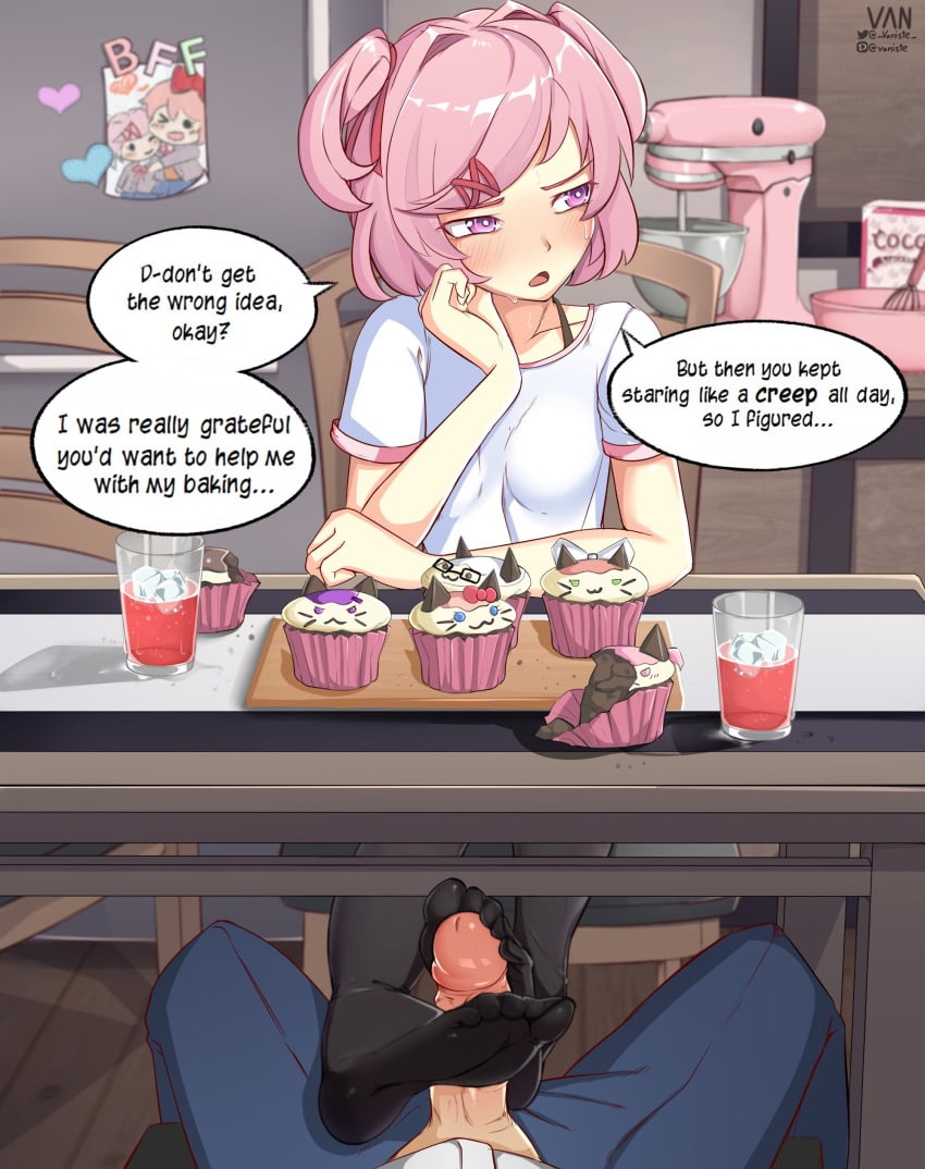 1boy 1girls anon black_legwear black_thighhighs blue_pants blush cupcakes dialogue doki_doki_literature_club duo embarrassed erection feet food foot_fetish footjob footjob_pov footjob_under_table glass glass_of_juice glasses heart legwear liquid natsuki_(doki_doki_literature_club) open_mouth pants penis pink_eyes pink_hair poster sayori_(doki_doki_literature_club) short_hair slight_blush speech_bubble text text_bubble thighhighs uncensored vaniste