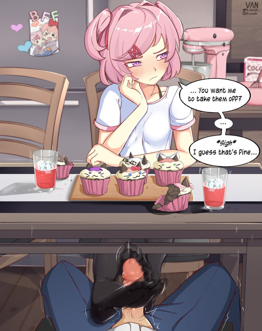 1boy 1girls anon black_legwear black_thighhighs blue_pants blush cupcakes dialogue doki_doki_literature_club duo embarrassed erection feet food foot_fetish footjob footjob_pov footjob_under_table glass glass_of_juice glasses heart legwear liquid natsuki_(doki_doki_literature_club) pants penis pink_eyes pink_hair poster sayori_(doki_doki_literature_club) short_hair slight_blush speech_bubble text text_bubble thighhighs uncensored vaniste