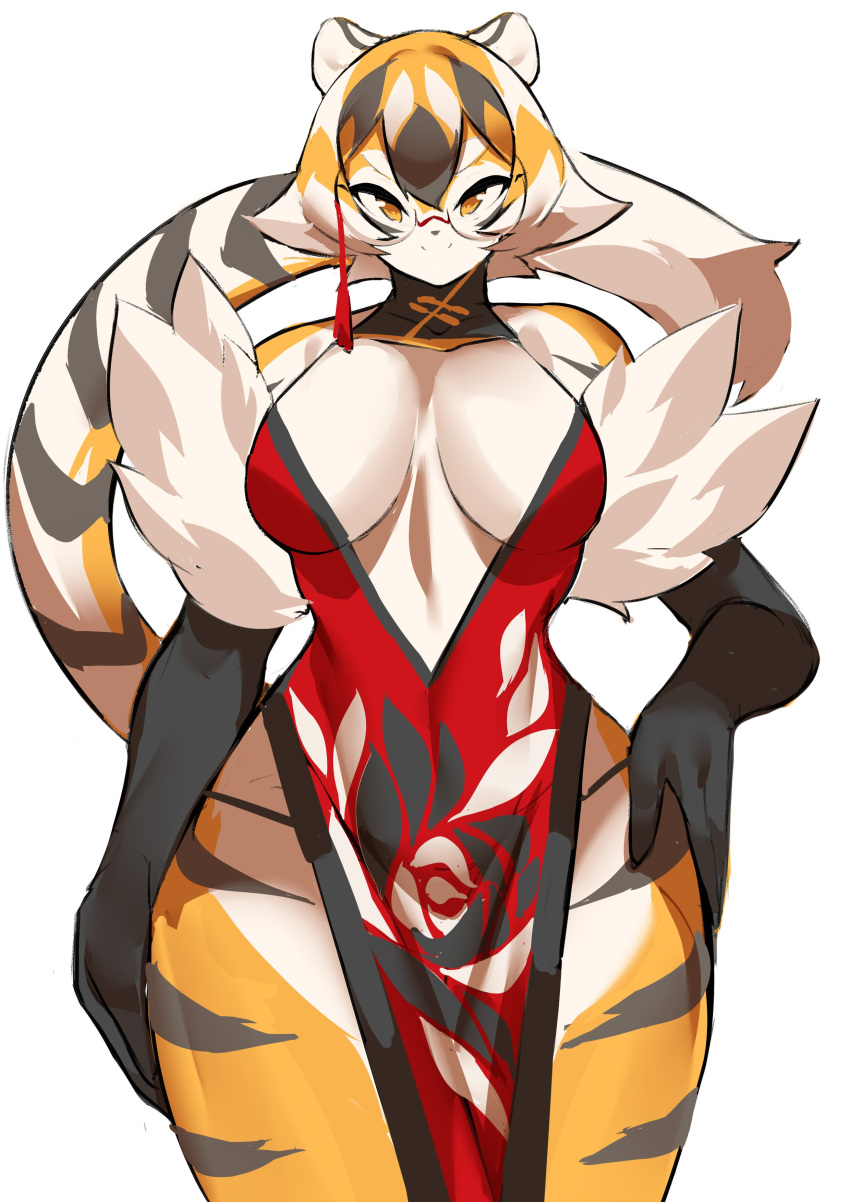 1girls amber_eyes anthro arknights aspirindabaitu big_breasts breasts china_dress chinese_clothes female fur_trim glasses looking_at_viewer mx99926 smile solo solo_female tagme tiger tiger_girl waai_fu_(arknights)