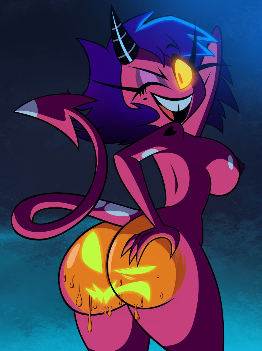 1girls ass big_ass big_breasts big_butt breasts demon demon_girl eyelashes gap_teeth glowing_eyes grimphantom hand_behind_head hand_on_hip helluva_boss horns looking_back millie_(helluva_boss) mole one_eye_closed pumpkin_butt shortstack smile tail tattoo tattoo_on_arm wink