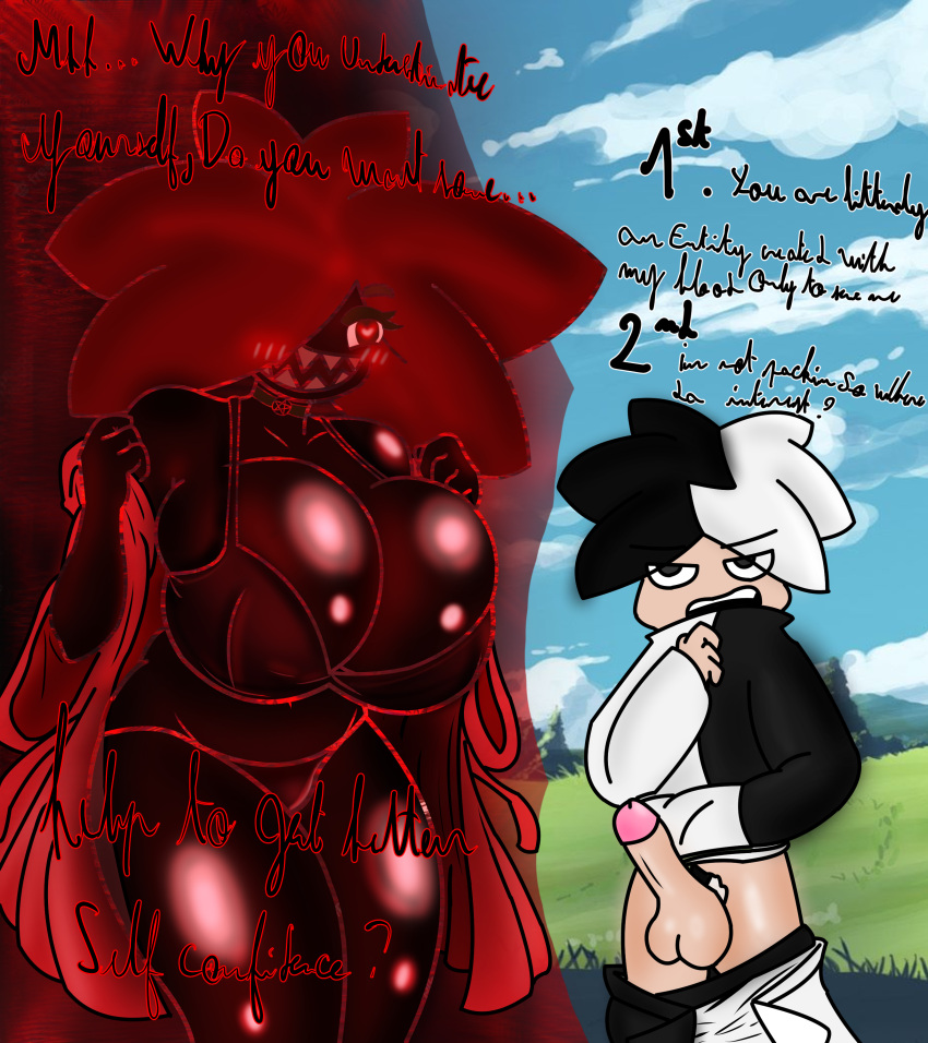 >:( 1boy 1girls anthro big_breasts black_eyes black_hair blush clothes clothing dark_eagle dave_and_bambi_mod embarrassed female giant_breasts heart-shaped_pupils heart_eyes love nightmare_waifu penis penis_out red_eyes red_hair schirow_(dark_eagle) showing_off stripes text thick thick_thighs two_tone_hair void_schirow_(dark_eagle) voluptuous voluptuous_female white_hair