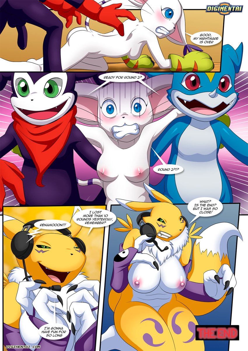 anthro big_breasts comic comic_page dialogue digihentai digimon digimon_(species) digimon_adventure digimon_tamers dirty_gamers gangbang gatomon impmon palcomix renamon scary threesome veemon