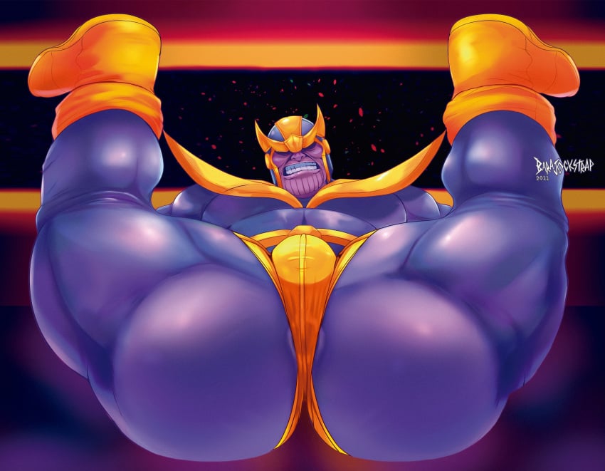 1boy abs absurd_res angry ass bara barajockstrap bulge_through_clothing butt clothed clothing gay hi_res huge_butt inviting looking_at_viewer male male_only marvel presenting presenting_butt purple_skin solo solo_focus spread_legs thanos thick_thighs