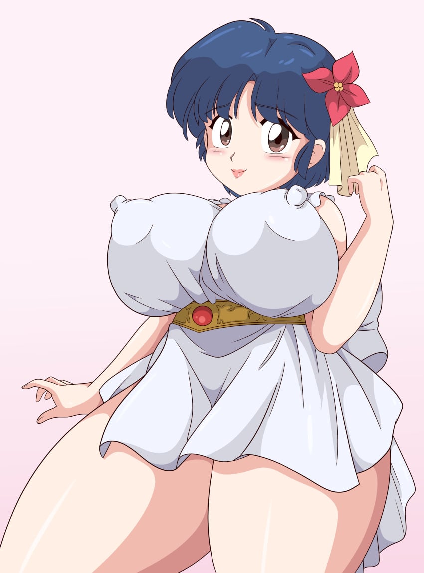 1girls akane_tendo big_nipples blue_hair clothing dress erect_nipples erect_nipples_under_clothes female female_only flower huge_breasts large_breasts ranma_1/2 solo toshiso