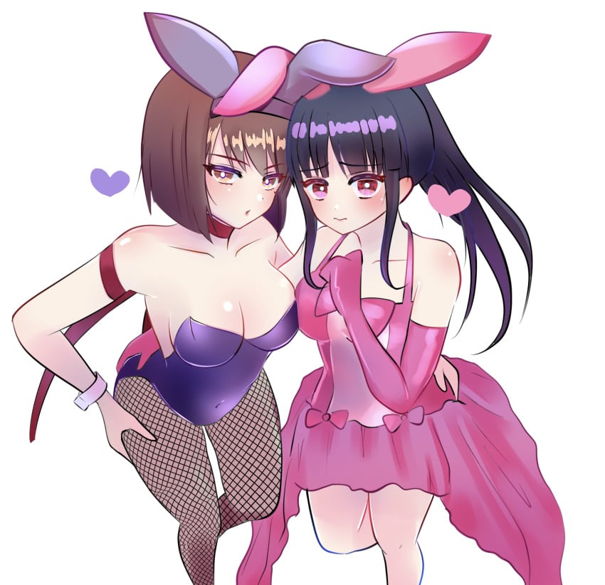 2girls artist_request big_breasts blue_hair blush breasts brown_eyes brown_hair bunny_girl busty cleavage clothing covered_navel cute dress embarrassed female female_only hand_on_hip heart highres kanzaki_sumire large_breasts legs leotard long_hair looking_at_viewer medium_breasts mole mole_under_eye multiple_girls open_mouth playboy_bunny ponytail rabbit_ears red_eyes sakura_shinguji sakura_wars sega short_hair thighs