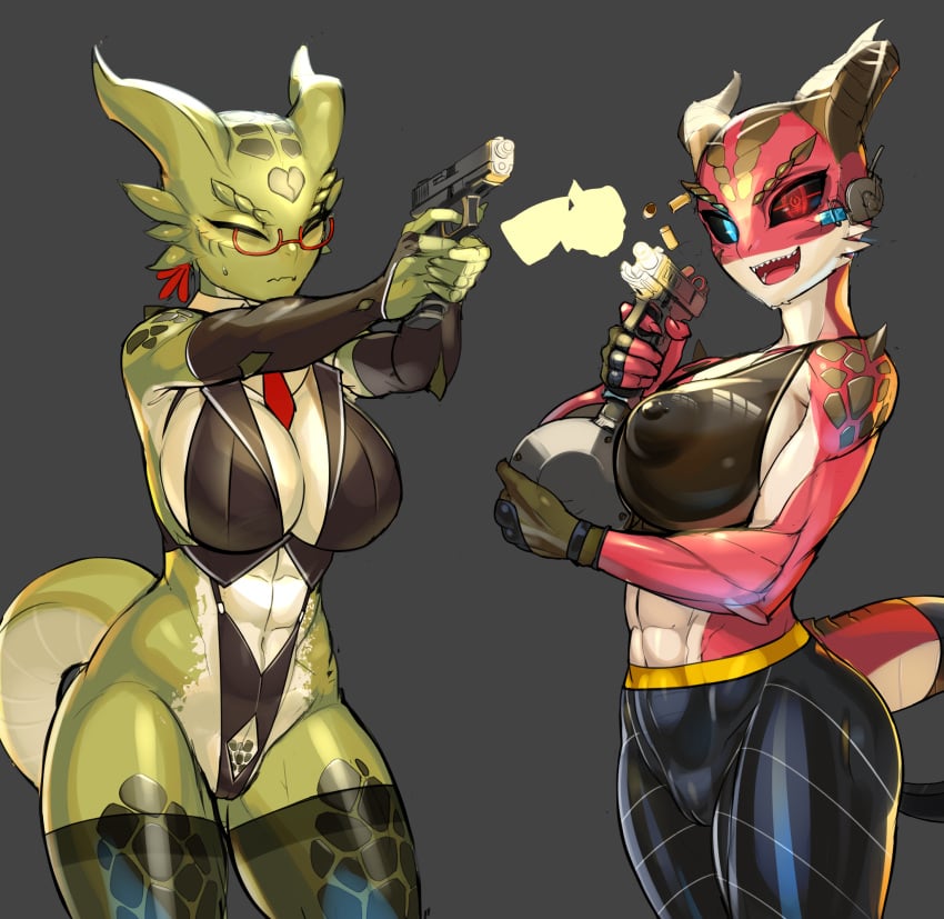 2022 2girls abs anthro areola areola_bulge areola_slip areolae argonian bethesda_softworks big_breasts big_butt big_thighs black_legwear black_sclera blue_eyes blush blush_lines bra breasts breasts_apart business_suit cameltoe child_bearing_hips cleavage closed_eyes clothed clothing covered_nipples covered_pussy curvaceous curved_horns curvy cyborg cyborg_argonian_(nisetanaka) dialogue earpiece elizabeth_(nisetanaka) english_text eyebrows eyelashes female female_only glasses glistening glistening_body gloves green_body green_scales gun hands_on_breasts hi_res highres hips horn horns hourglass_figure huge_breasts huge_thighs large_thighs leggings legwear leotard lizard looking_at_viewer midriff muscular muscular_female muscular_thighs navel nipple_bulge nipple_piercing nipples nipples_covered nipples_visible_through_clothing nisetanaqa non-mammal_breasts open_mouth original original_character pistol red_glasses red_scales reptile robot_eyes scales scalie sharp_teeth shiny shiny_clothes shiny_skin shooting sideboob six_pack skimpy skimpy_clothes slim_waist smile smiling smiling_at_viewer sweat sweatdrop sweating tail the_elder_scrolls thick_thighs thighhighs thighs tie tight_clothing toned toned_female toned_stomach translucent translucent_clothing video_games voluptuous waist wide_hips yellow_eyes