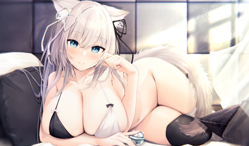 1girls animal_ear_fluff animal_ears bell bikini bikini_top_only black_bikini black_ribbon black_thighhighs blue_eyes breasts cat_ears cat_girl cat_tail cleavage collarbone female hair_ribbon highres hukairi_botan indoors jingle_bell large_breasts light-skinned_female light_skin light_smile long_hair looking_at_viewer lying navel no_panties on_side original pillow ribbon solo swimsuit tail thighhighs white_bikini white_hair white_ribbon