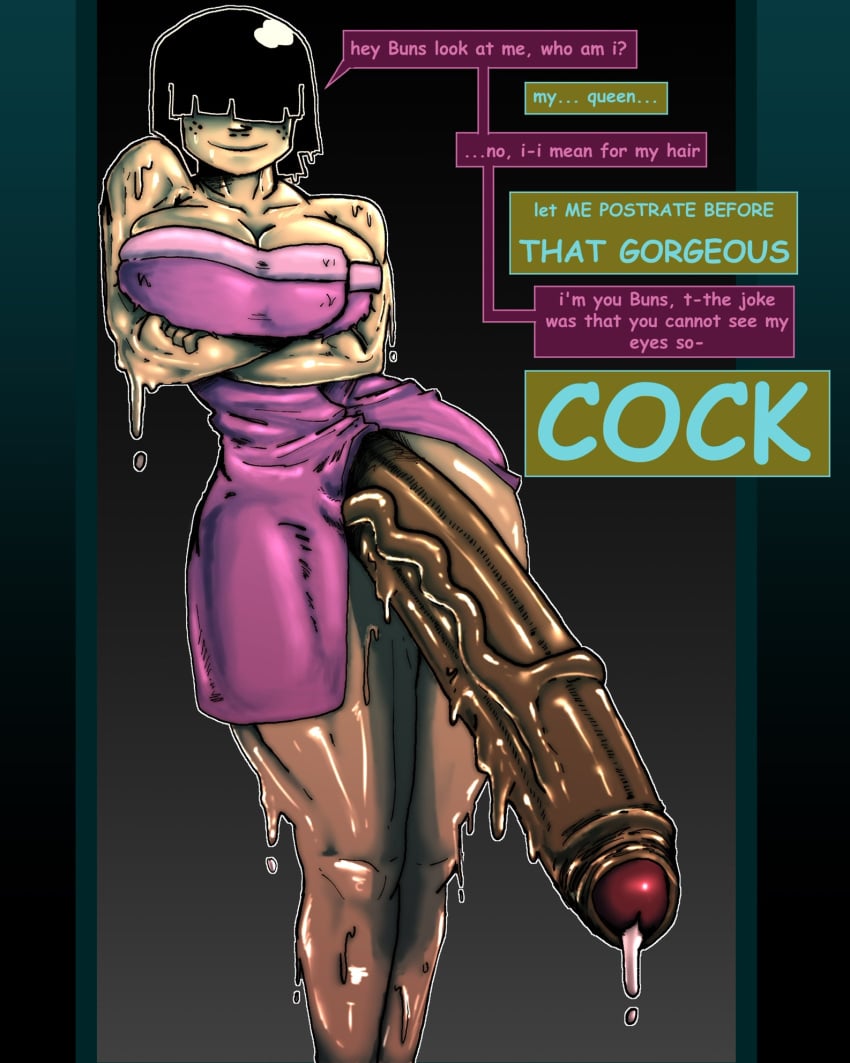 1futa bangs black_hair blinding_bangs bottomless breasts chie_(libi_dos) clothed clothing comic_sans dialogue dripping dripping_precum english_text futa_only futanari gigantic_penis huge_breasts huge_cock human hyper_penis libi_dos libinick light-skinned_futanari light_skin mostly_clothed offscreen_character penis post_shower short_hair solo standing text towel very_long_penis wet