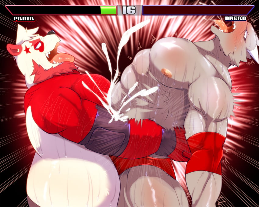 abs anthro bear_hug bearhug bodily_fluids cum cumshot defeated dragon duo ejaculation fight gameplay_mechanics genital_fluids giant_panda gui health_bar male male/male mammal muscular nipples orgasm overweight pecs sweat tongue tongue_out tsubasa1110 ursid wrestling