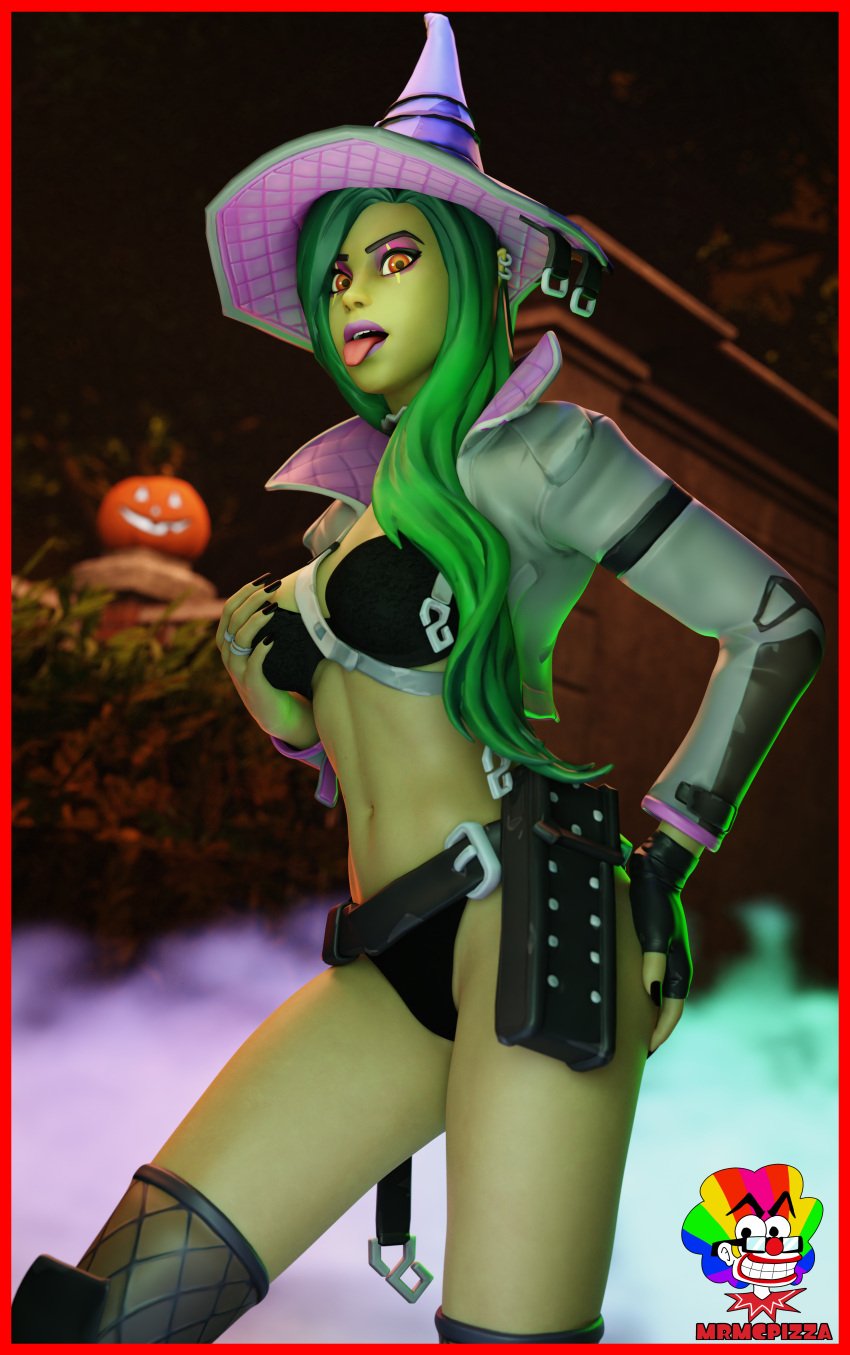 1girls big_breasts black_bra black_panties female female_only fortnite green_hair green_skin hemlock_(fortnite) human lipstick long_hair mrmcpizza panties partially_clothed solo tongue tongue_out underwear witch_hat