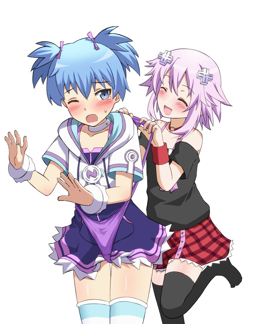 assassination_classroom blue_eyes blue_hair blush canon_crossdressing clothes_swap clothing_swap crossdressing embarrassed exposed_thighs femboy hair_ornament hair_ribbon happy moriya1707 neptune_(neptunia) neptunia_(series) outfit_swap pink_hair purple_panties shiota_nagisa skirt stockings thighhighs wedgie