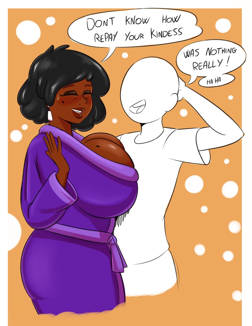 1boy 1girls age_difference anon big_breasts black_hair breast_squish dark-skinned_female dark_skin earrings light-skinned_male mature_female milf oc puffy_hair purple_robe spakka5 tonya_samson