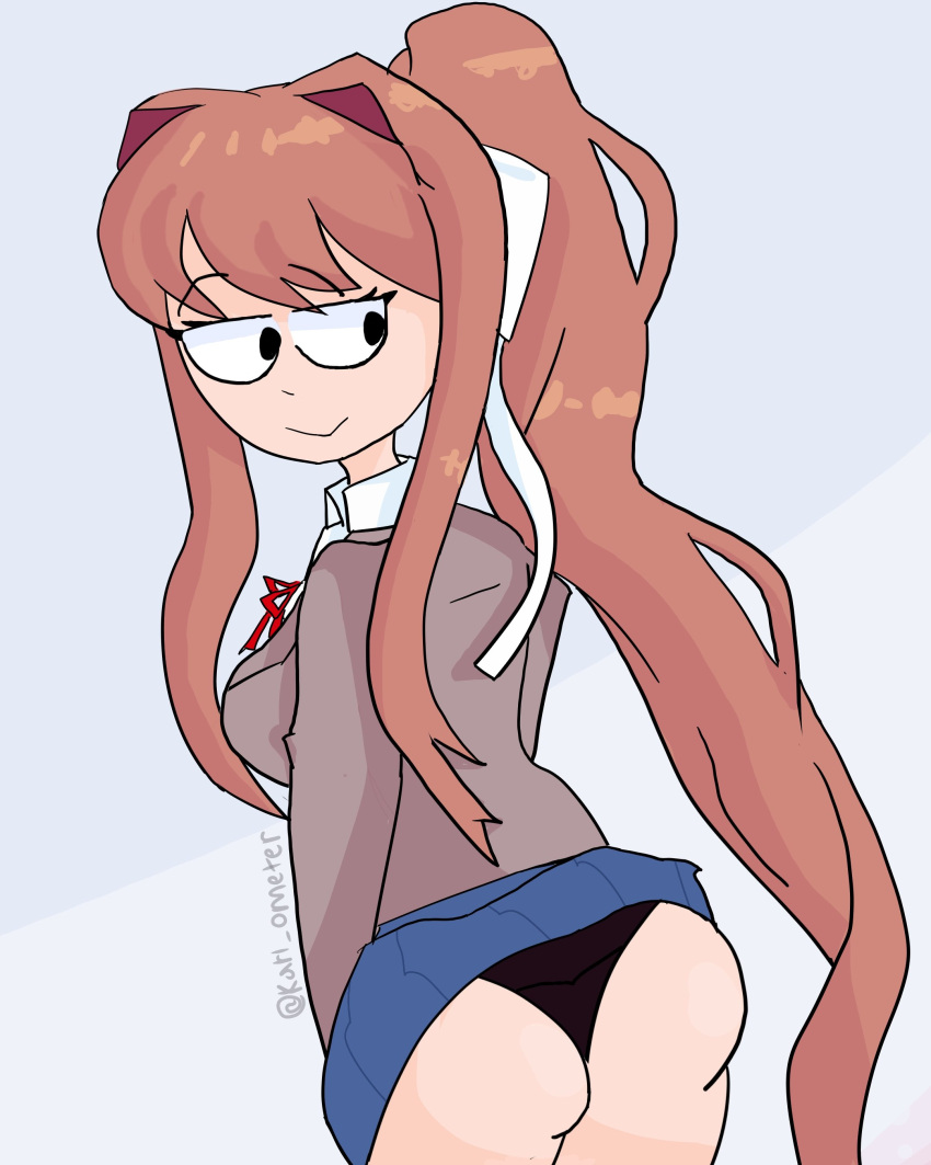 ass black_panties blue_skirt doki_doki_literature_club karlometer long_hair monika_(doki_doki_literature_club) panties skirt