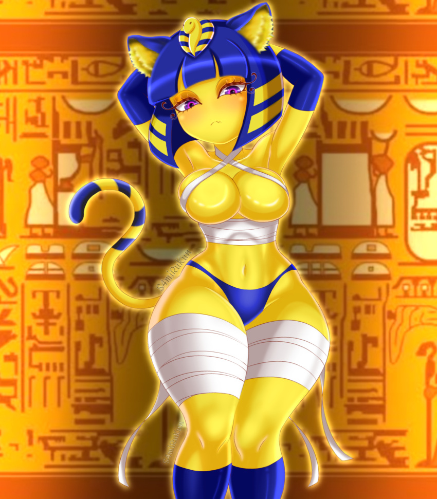 animal_crossing ankha ankha_(animal_crossing) cat_ears cat_tail catgirl egyptian egyptian_mythology furry nintendo pharaoh purple_eyes s4mirukun shorts solo solo_female thick_thighs yellow_skin