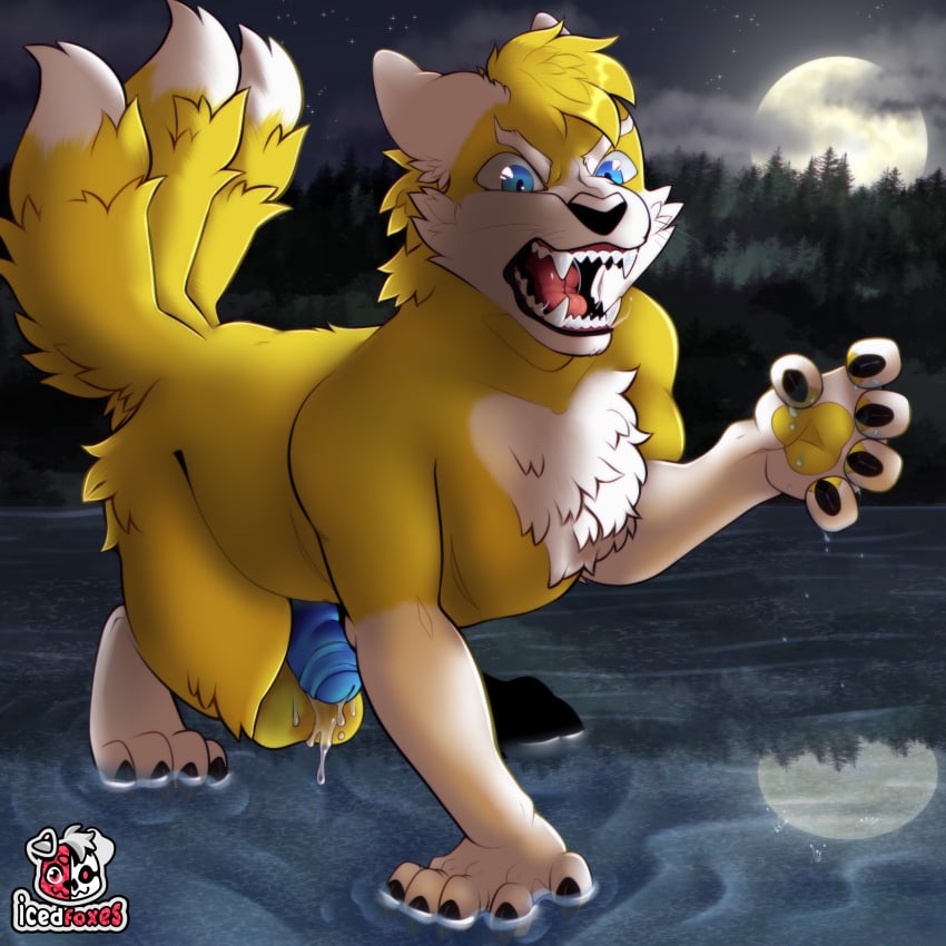 3_tails absurd_res akatosh angry anthro balls biceps big_balls big_penis blue_eyes bodily_fluids canid canine erection excessive_genital_fluids excessive_precum foreskin fox fur genital_fluids genitals glistening glistening_eyes hair hi_res humanoid_genitalia kingshiq male male_only mammal multi_tail muscular muscular_male nude open_mouth pawpads paws penis precum snarling solo teeth were werecanid werecanine werefox werewolf white_body white_fur yellow_body yellow_fur