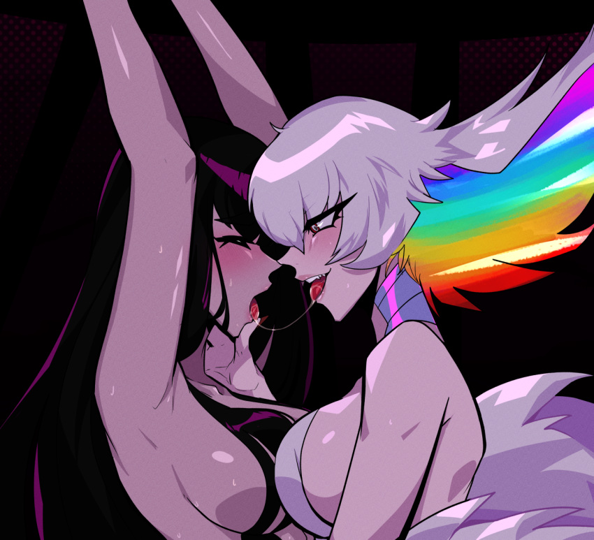 2girls black_hair black_hair_bottom captured defeated domination drooling femdom femsub incest jun-kou_(junkouarts) kill_la_kill kiryuuin_ragyou kiryuuin_satsuki kissing light-skinned_female light_hair_on_dark_hair light_skin mother_and_daughter multiple_girls restrained saliva_string white_hair white_hair_on_black_hair white_hair_top yuri