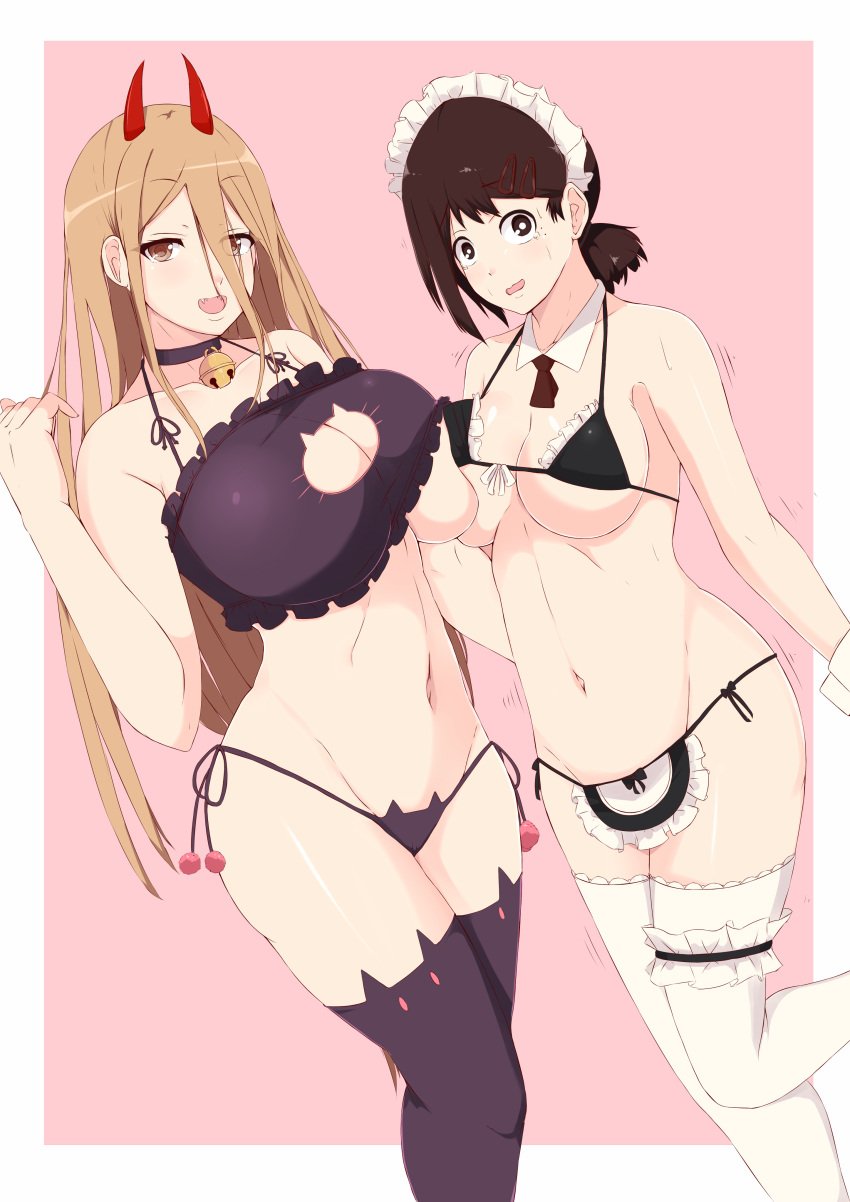 2girls big_breasts black_hair blonde_hair breasts chainsaw_man choker eye_contact female_focus female_only higashiyama_kobeni horns legwear long_hair looking_at_viewer maid maid_apron maid_headdress power_(chainsaw_man) short_hair sombra222 standing thick_thighs thighhighs thighs thong