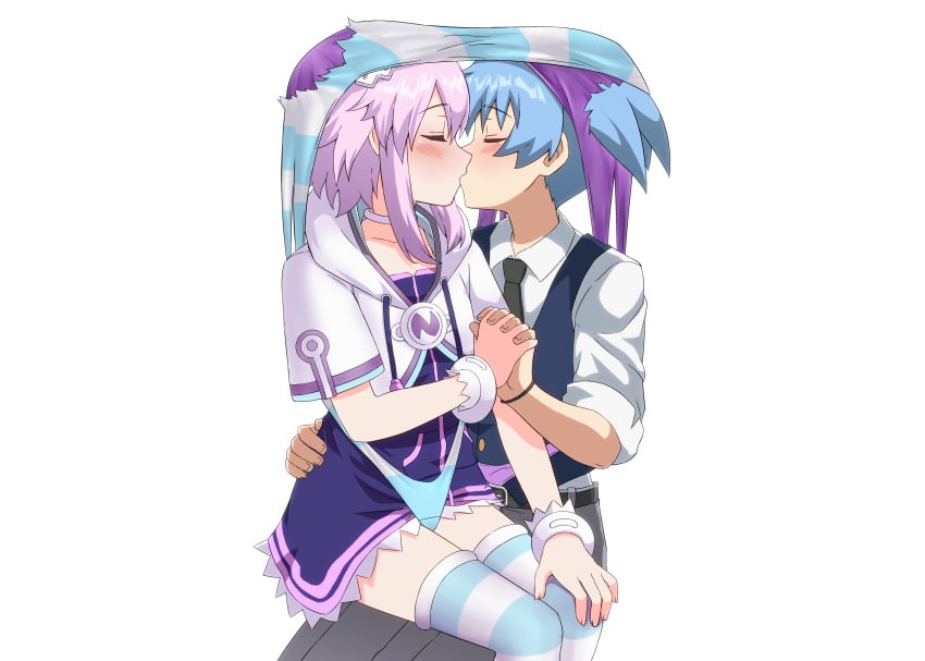 assassination_classroom atomic_wedgie blue_hair blush closed_eyes holding_hands kissing kissing making_out moriya1707 neptune_(neptunia) neptunia_(series) pink_hair ripped_clothing ripped_panties ripped_underwear school_uniform shiota_nagisa sitting_on_lap sitting_on_person skirt stockings wedgie