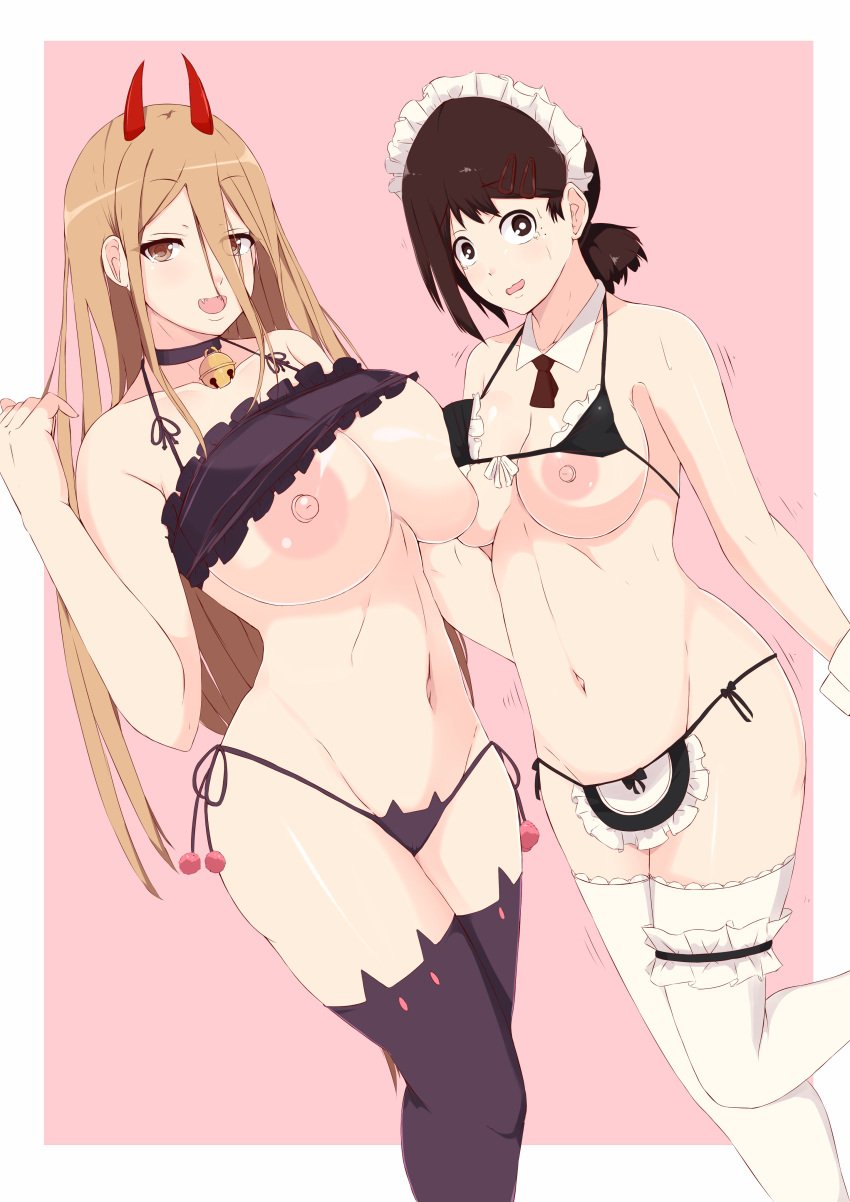 2girls areolae asymmetrical_docking big_breasts black_hair blonde_hair breasts chainsaw_man choker eye_contact female_focus female_only higashiyama_kobeni horns huge_breasts legwear long_hair looking_at_viewer maid maid_apron maid_headdress multiple_girls nipples power_(chainsaw_man) short_hair sombra222 standing thick_thighs thighhighs thighs thong