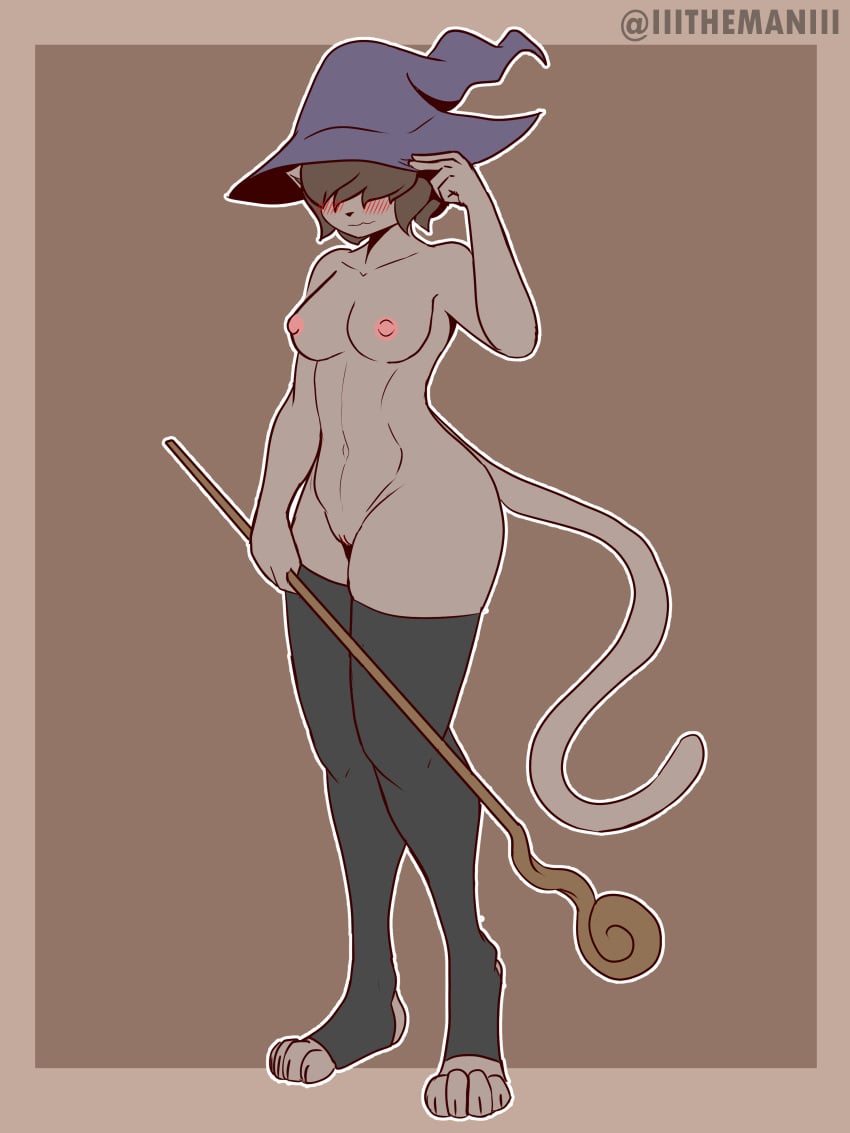 3:4 4_toes absurd_res anthro blush brown_body brown_fur clothed clothing feet felid feline female fingers fur genitals hair hair_over_eyes hat headgear headwear hi_res legwear mammal may_(the_man) nipples no_underwear pussy solo the_man thigh_highs toes topless witch_hat