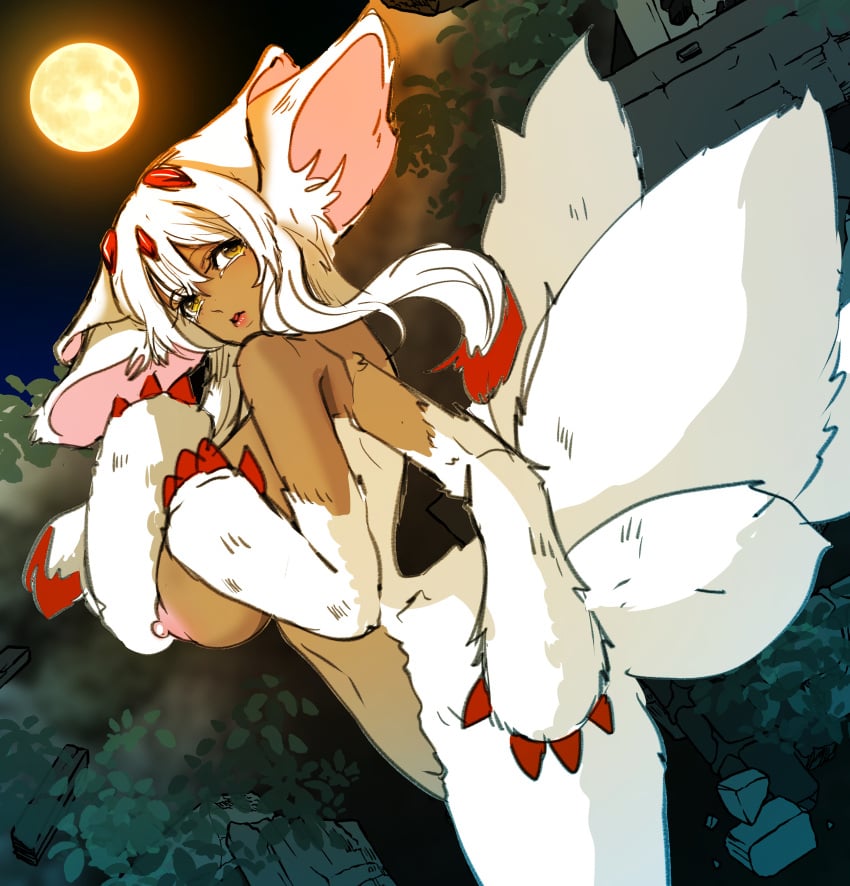 4_arms aged_up animal_ears big_breasts breasts claws dark-skinned_female dark_skin dutch_angle faputa female female_only fluffy_ears fluffy_tail fur hi_res looking_at_viewer made_in_abyss monster_girl moon moth_girl multi_arm multi_limb multi_tail narehate night nude outside sideboob solo tail very_high_resolution west_sunsun white_fur white_hair yellow_eyes