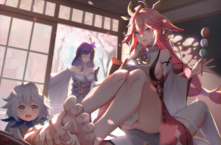 4girls barefoot blush clothed feet feet_on_face female female_only femdom femsub food foot_fetish genshin_impact icecake lumine_(genshin_impact) multiple_girls paimon_(genshin_impact) panties raiden_shogun sitting_on_person yae_miko yuri