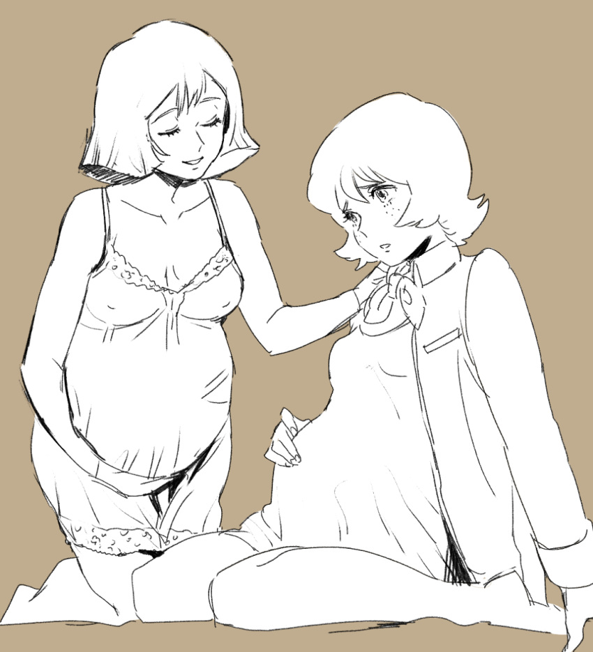 2girls crying dokata_s female female_only fraw_bow freckles gundam hand_on_mouth hand_on_shoulder holding_belly military_jacket mobile_suit_gundam monochrome nightgown partially_clothed pregnant pregnant_belly sayla_mass scarf simple_background smiling solid_color_background