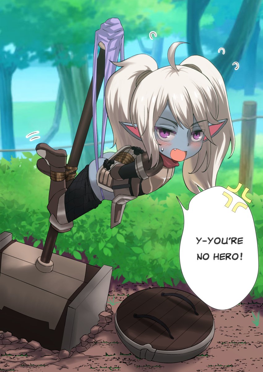 angry ass blonde_hair blush detailed_background dialogue embarrassed hammer hanging_wedgie league_of_legends moriya1707 panties pants_down poppy public purple_panties shield sweatdrop twintails wedgie yordle