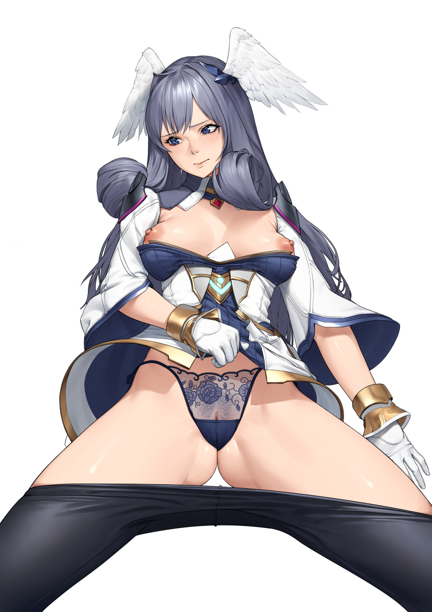 1girls absurdres beeeeen breasts breasts_out cameltoe clothes_pull female grey_eyes grey_hair head_wings high_entia highres lingerie long_hair looking_to_the_side melia_antiqua nude nude_female panties pants_down pantyhose pantyhose_pull pubic_hair pussy pussy_peek silver_hair solo spread_legs transparent_background underwear wings wings_on_head xenoblade_(series) xenoblade_chronicles xenoblade_chronicles_3