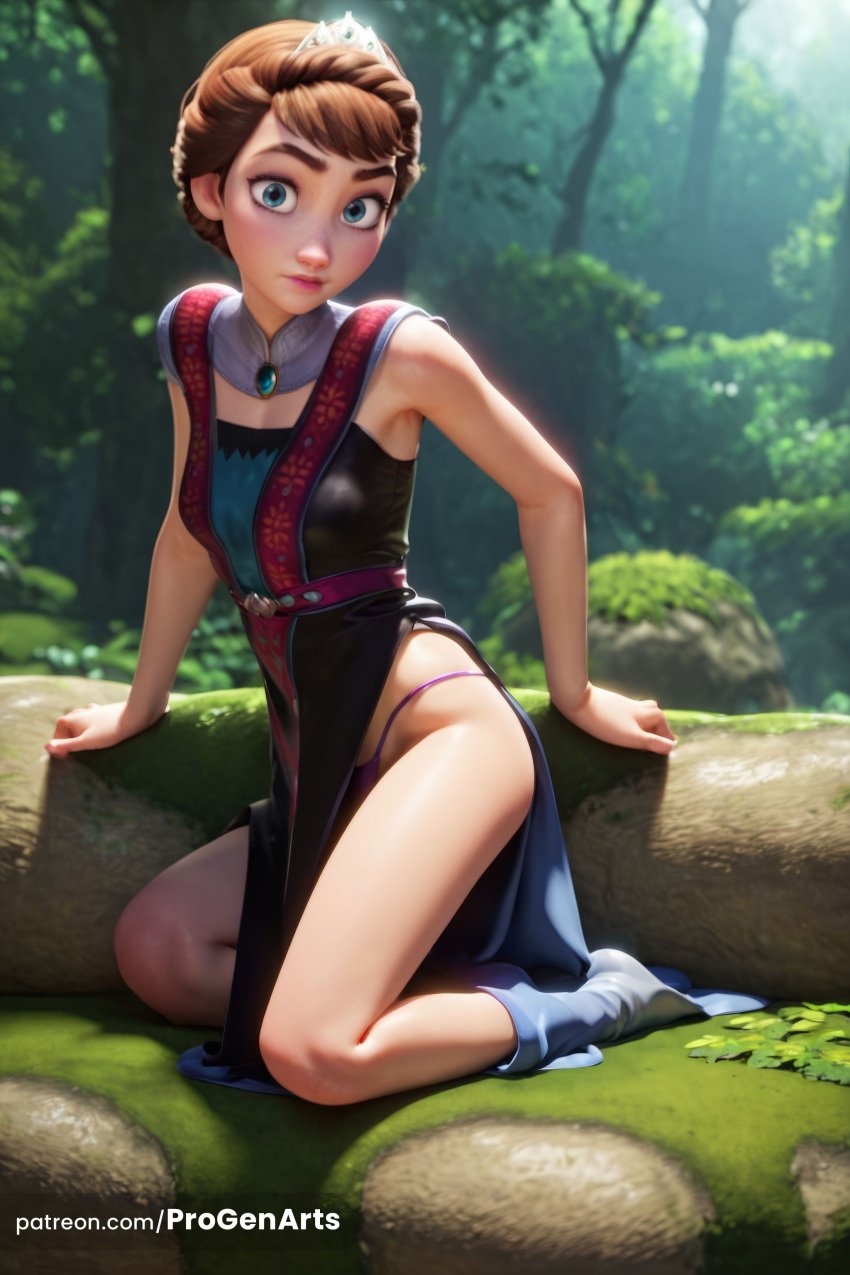 1girls ai_generated arm_support blue_eyes boots braid breasts brown_hair disney dress forest freckles frozen_(film) frozen_2 hi_res iduna iduna_(frozen) lips looking_at_viewer nature outdoors panties patreon_username pelvic_curtain progenarts purple_panties short_hair small_breasts solo tiara tree underwear web_address