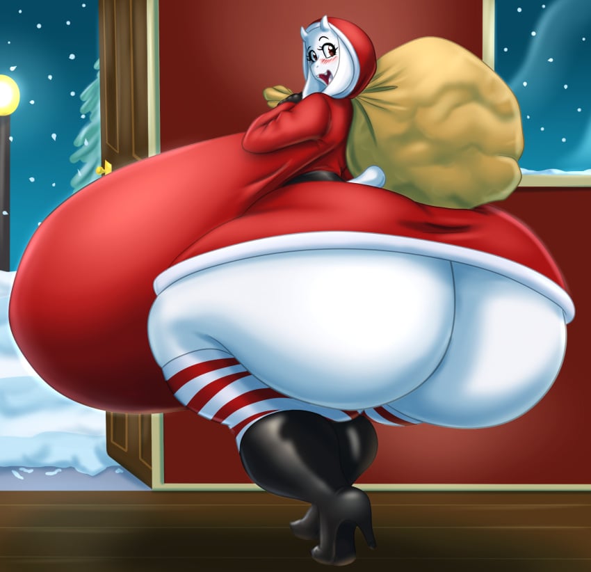 2023 anthro ass big_breasts big_butt blues64 blush boots boss_monster_(undertale) bovid breasts caprine christmas clothing dress female floppy_ears footwear goat hi_res high_heeled_boots high_heels holding_sack holidays horn huge_breasts huge_butt huge_thighs hyper hyper_breasts hyper_butt hyper_hips hyper_thighs leggings legwear looking_back mammal marauder6272 open_mouth purple_eyes sack solo thick_thighs toriel undertale undertale_(series) white_body wide_hips