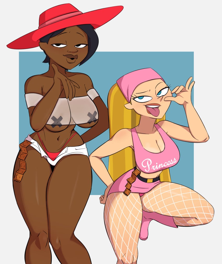 2girls big_breasts black_hair blonde_hair cartoon_network covered_nipples dark-skinned_female dark_skin fresh_tv jasmine_(tdi) light-skinned_female light_skin lindsay_(tdi) looking_at_viewer pasties solidus teletoon total_drama:_pahkitew_island total_drama_island warner_bros warner_brothers x_pasties