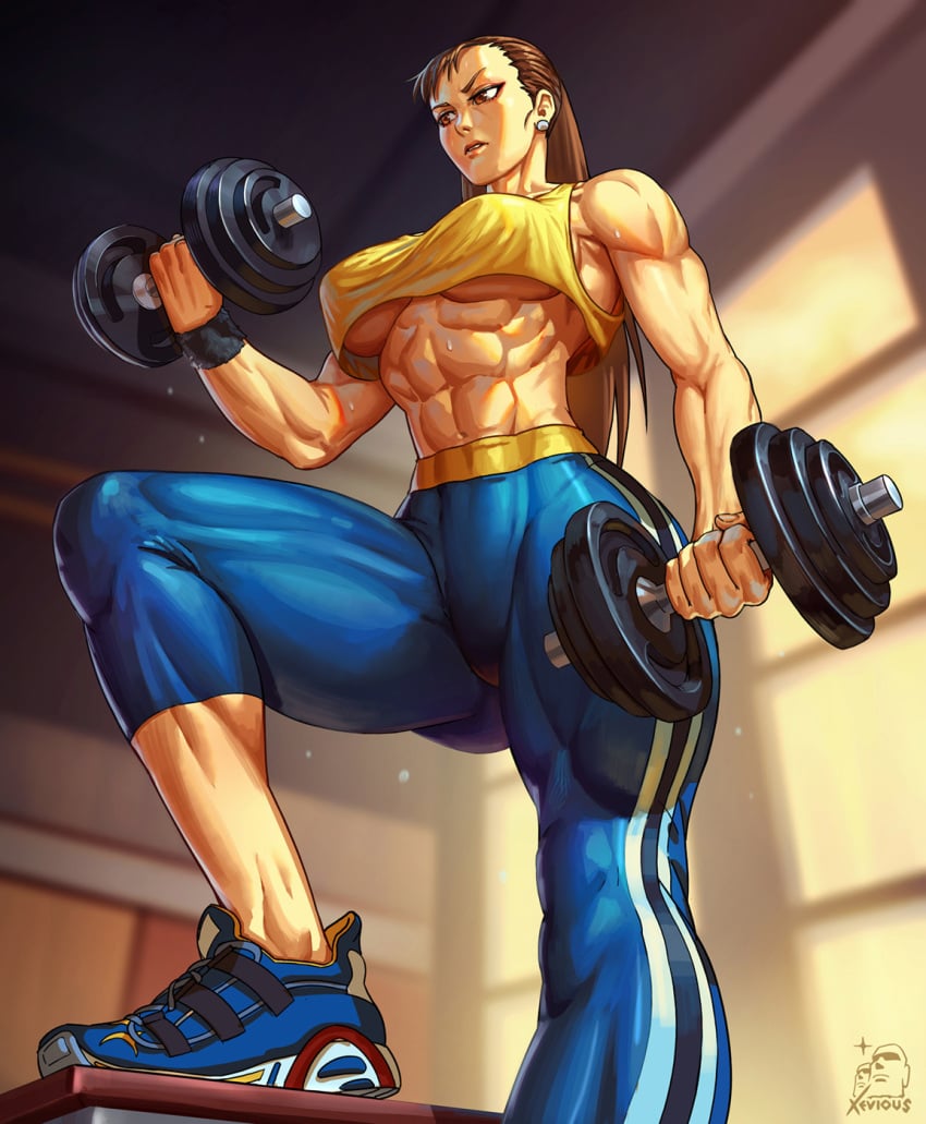 asian_female big_breasts capcom chun-li female_abs female_only fit_female muscular_female street_fighter under_boob weightlifting xeviousg