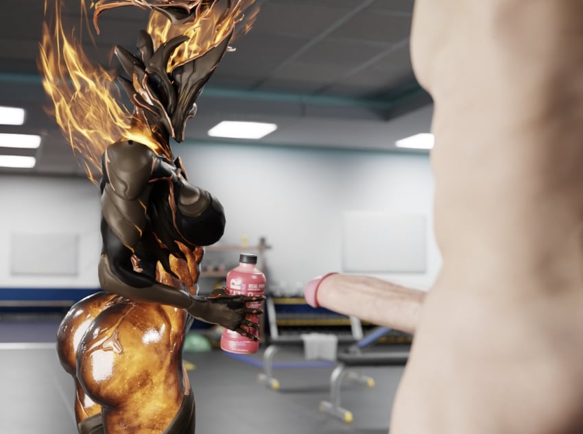 1boy 1girls 3d 3d_(artwork) big_penis completely_nude_male ember_(warframe) ember_heirloom_(warframe) erect_penis erection gym jusescrust18 light-skinned_male warframe