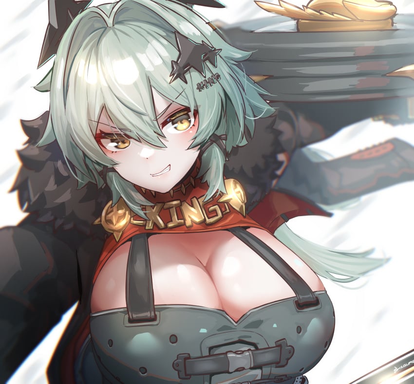 absurdres arm_shield black_jacket breasts caesar_king caesar_king_(zenless_zone_zero) cleavage commentary_request crop_top female fur-trimmed_jacket fur_trim green_hair hair_between_eyes hair_intakes hair_ornament highres jacket large_breasts long_hair natsukaze_shigure smile solo upper_body yellow_eyes zenless_zone_zero