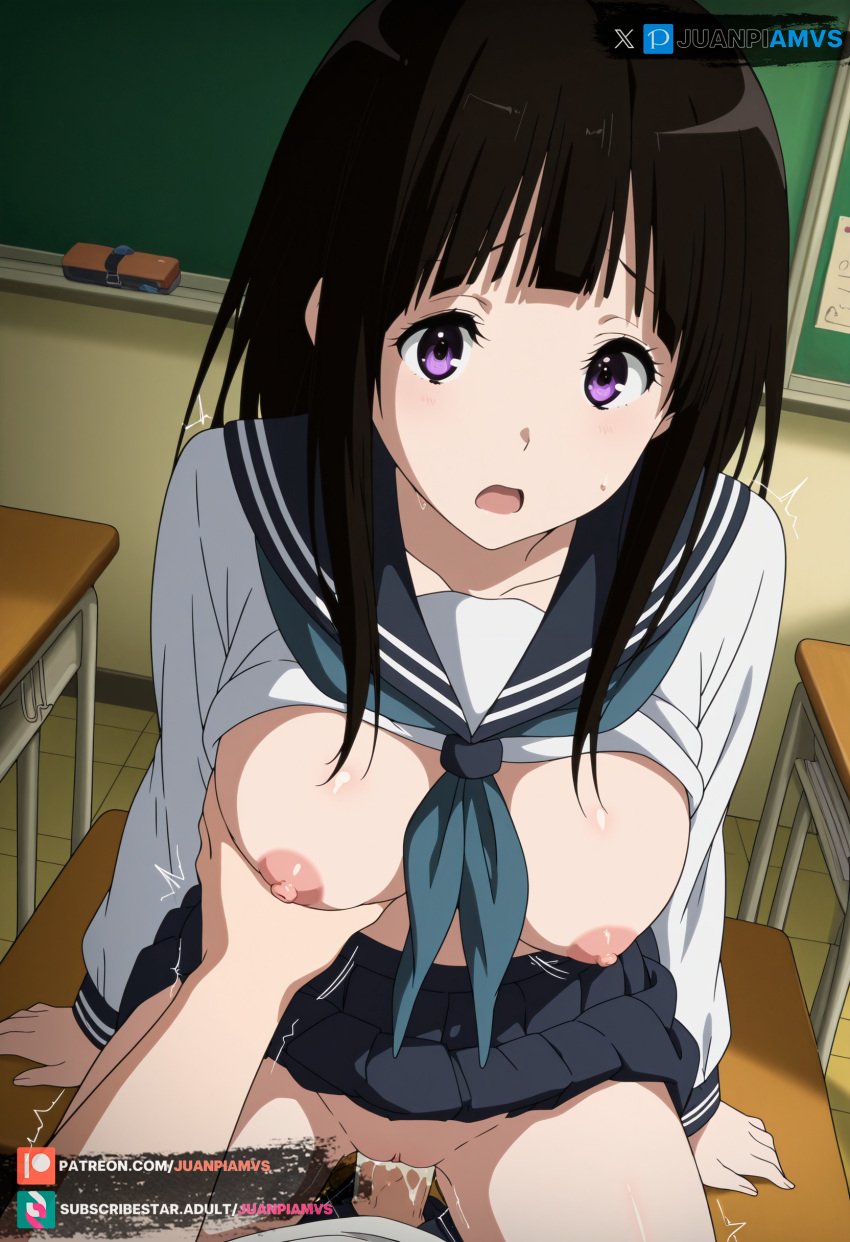 ai_generated brown_hair chitanda_eru female grabbing_breast hyouka juanpiamvs long_hair open_mouth patreon patreon_username penetration purple_eyes school_uniform sex sex_on_table small_breasts subscribestar subscribestar_username watermark