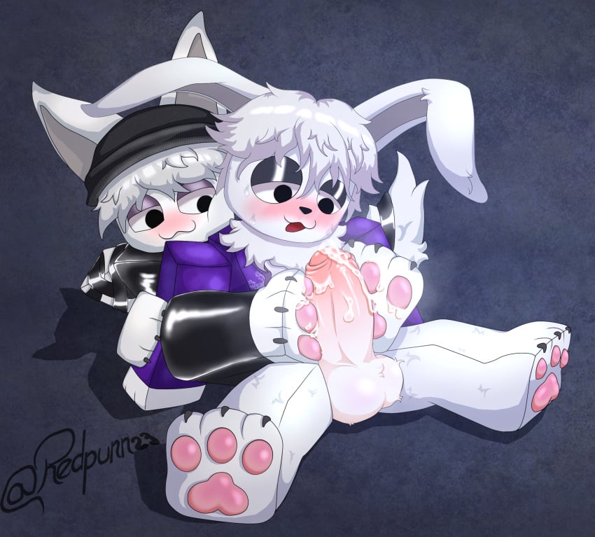 1femboy 2boys anthro arctic_fox blocky_body blush bodily_fluids bunny_ears cock cum cum_drip cum_dripping cum_dripping_from_penis cum_in_feet cum_on_feet cum_on_foot cum_on_paw cum_on_penis dick dripping dripping_cum dripping_penis dripping_semen ejaculation erection foot_play footjob footjob_with_legwear gay latex latex_legwear latex_thighhighs male male/male male_only musk musk_clouds musky_cock no_penetration original_character pawjob pawpads paws penis rabbit redpurr redpurr_(oc) roblox roblox_avatar robloxian steamy steamy_penis sweatdrop thighhighs yaoi