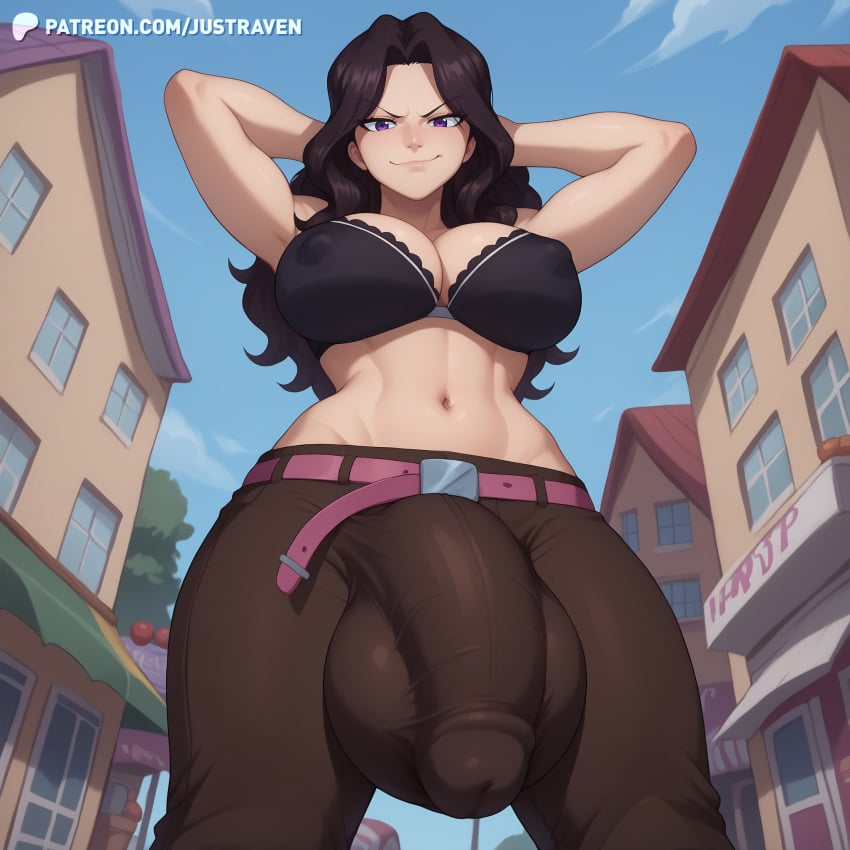 ai_generated bare_midriff belly belt big_breasts black_bra black_hair bra brown_pants bulge bulge_through_clothing bulge_under_clothes cana_alberona cock covered_nipples fairy_tail from_below futa_only futanari gigantic_cock gigantic_penis hands_behind_head high_resolution highres huge_breasts huge_cock huge_penis huge_testicles justraven large_breasts long_cock long_hair long_penis low_view midriff navel nipples nipples_bulge pants penis penis_bulge pink_belt purple_eyes smile smirk smirking smirking_at_viewer smug smug_expression smug_face smug_grin smug_smile solo