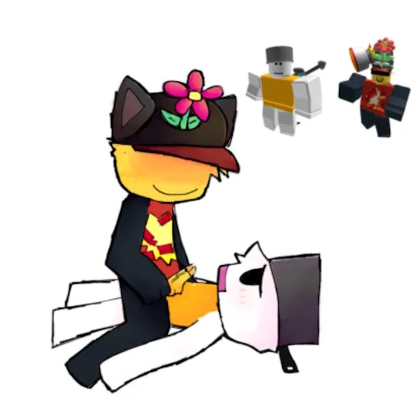 1:1 absurd_res animal_humanoid blush catwilliamcat duo flower hi_res humanoid male male/male plant roblox robloxian thedeath0071 unknown_artist usarreth_assisted white_body white_skin yellow_body yellow_skin