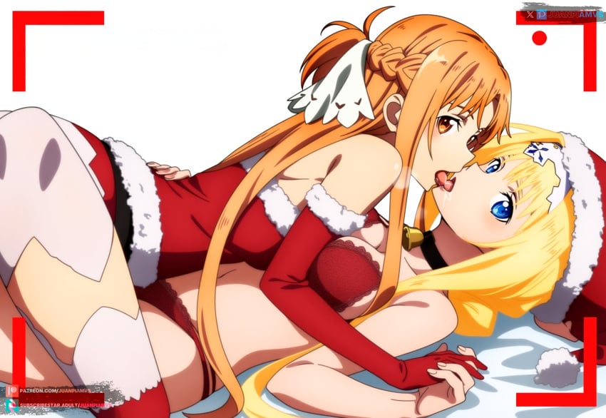 2girls ai_generated alice_schuberg big_breasts blonde_hair blue_eyes brown_eyes christmas_clothing christmas_outfit juanpiamvs kissing laying_down laying_on_person lingerie patreon patreon_username subscribestar subscribestar_username sword_art_online tongue_out watermark yuuki_asuna