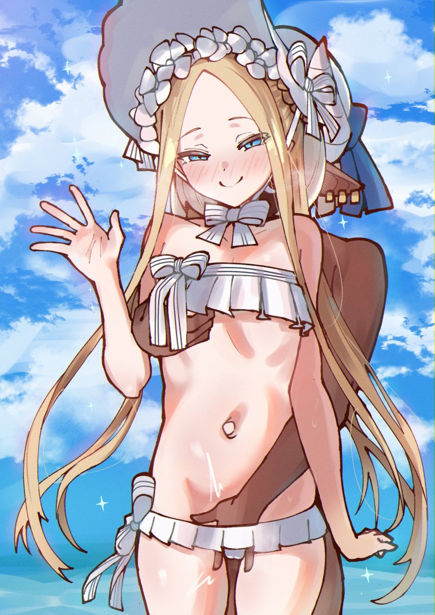 1boy abigail_williams_(fate) abigail_williams_(swimsuit_foreigner)_(fate) abigail_williams_(swimsuit_foreigner)_(third_ascension)_(fate) absurdres bikini blonde_hair blue_eyes blush breasts dark_skin fate/grand_order fate_(series) female fingering frilled_bikini frills grabbing_another's_breast groping hand_in_bikini hand_up hat highres kuro_(kurosu169) kurosu169 long_hair looking_at_viewer navel original pointy_ears small_breasts smile swimsuit white_bikini white_hat